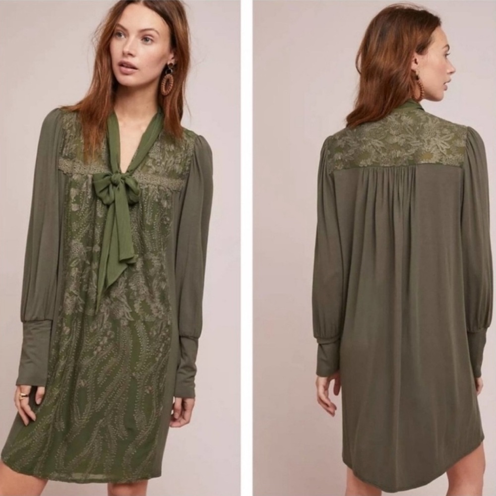 Anthropologie Tiny Green Olive Isla Lace Embroidered tie dress boho Sz S